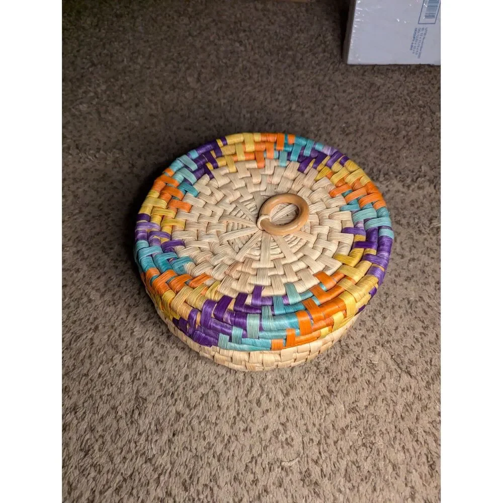 Handwoven Boho Straw Basket with Lid Colorful Raffia Wooden Ring Handle